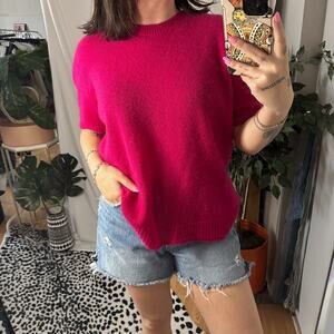 Sally LaPointe Boxy Cashmere Silk Short Sleeve Knit Sweater Top Pink XS/S